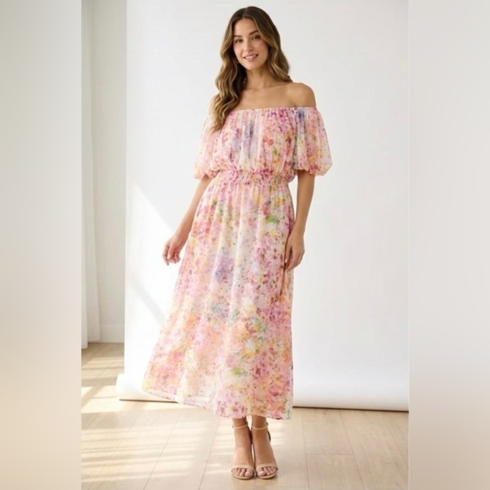 Sam and Jess Pastel Floral off The Shoulder‎ Maxi Dress